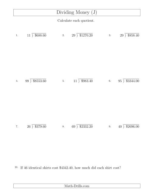 The Dividing Dollar Amounts in Increments of 20 Cents by Two-Digit Divisors (J) Math Worksheet