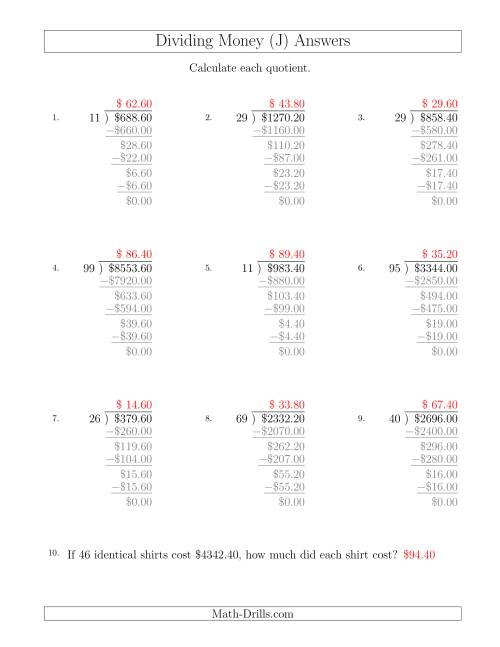The Dividing Dollar Amounts in Increments of 20 Cents by Two-Digit Divisors (J) Math Worksheet Page 2