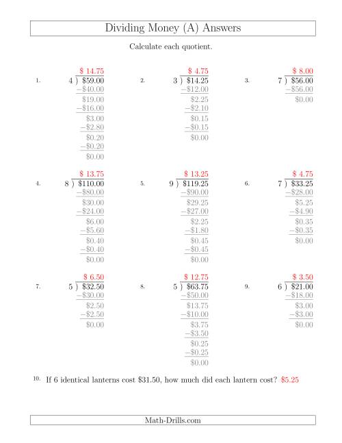 The Dividing Dollar Amounts in Increments of 25 Cents by One-Digit Divisors (A) Math Worksheet Page 2