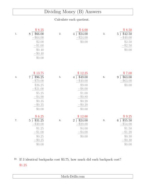 The Dividing Dollar Amounts in Increments of 25 Cents by One-Digit Divisors (B) Math Worksheet Page 2