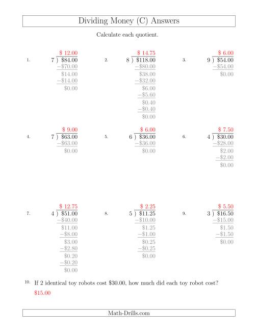 The Dividing Dollar Amounts in Increments of 25 Cents by One-Digit Divisors (C) Math Worksheet Page 2