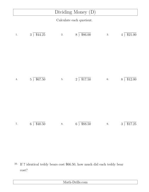 The Dividing Dollar Amounts in Increments of 25 Cents by One-Digit Divisors (D) Math Worksheet