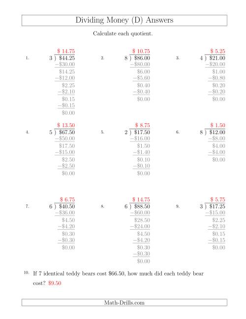The Dividing Dollar Amounts in Increments of 25 Cents by One-Digit Divisors (D) Math Worksheet Page 2