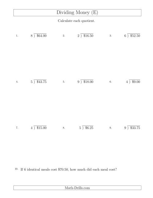 The Dividing Dollar Amounts in Increments of 25 Cents by One-Digit Divisors (E) Math Worksheet