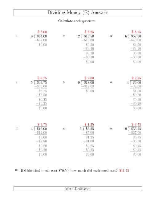 The Dividing Dollar Amounts in Increments of 25 Cents by One-Digit Divisors (E) Math Worksheet Page 2