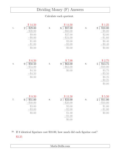 The Dividing Dollar Amounts in Increments of 25 Cents by One-Digit Divisors (F) Math Worksheet Page 2
