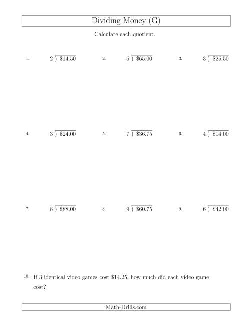 The Dividing Dollar Amounts in Increments of 25 Cents by One-Digit Divisors (G) Math Worksheet