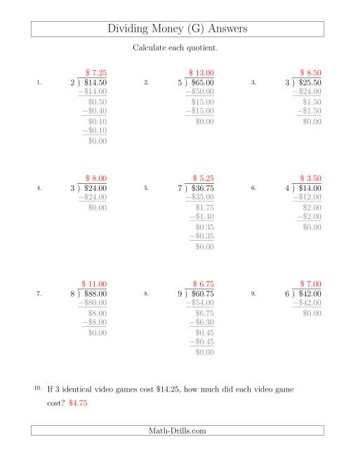 The Dividing Dollar Amounts in Increments of 25 Cents by One-Digit Divisors (G) Math Worksheet Page 2