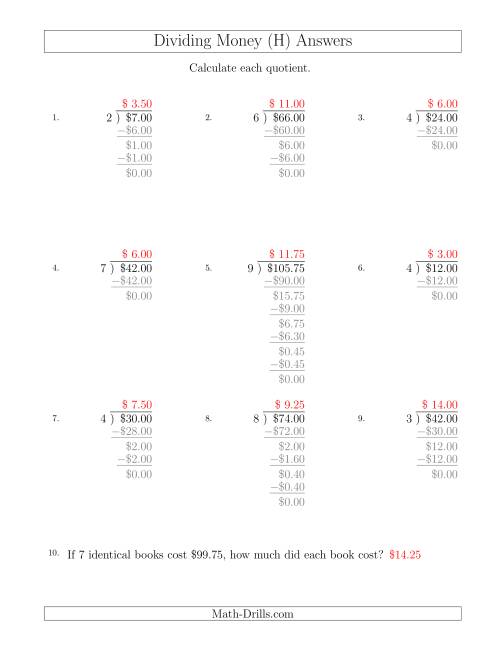 The Dividing Dollar Amounts in Increments of 25 Cents by One-Digit Divisors (H) Math Worksheet Page 2