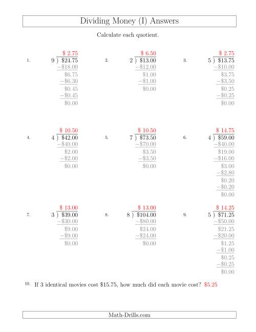 The Dividing Dollar Amounts in Increments of 25 Cents by One-Digit Divisors (I) Math Worksheet Page 2