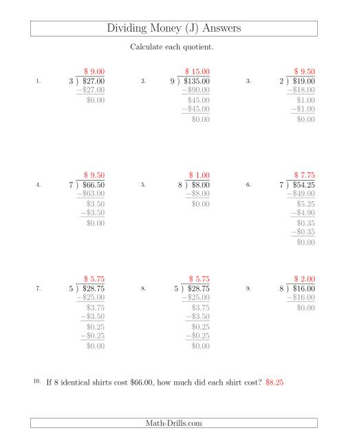 The Dividing Dollar Amounts in Increments of 25 Cents by One-Digit Divisors (J) Math Worksheet Page 2