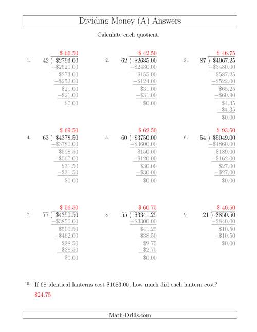The Dividing Dollar Amounts in Increments of 25 Cents by Two-Digit Divisors (A) Math Worksheet Page 2