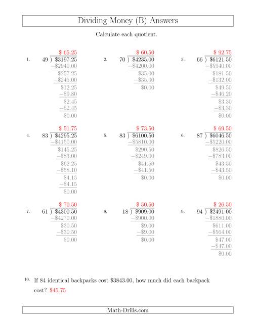 The Dividing Dollar Amounts in Increments of 25 Cents by Two-Digit Divisors (B) Math Worksheet Page 2