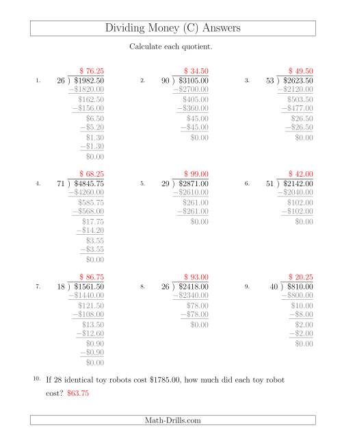The Dividing Dollar Amounts in Increments of 25 Cents by Two-Digit Divisors (C) Math Worksheet Page 2