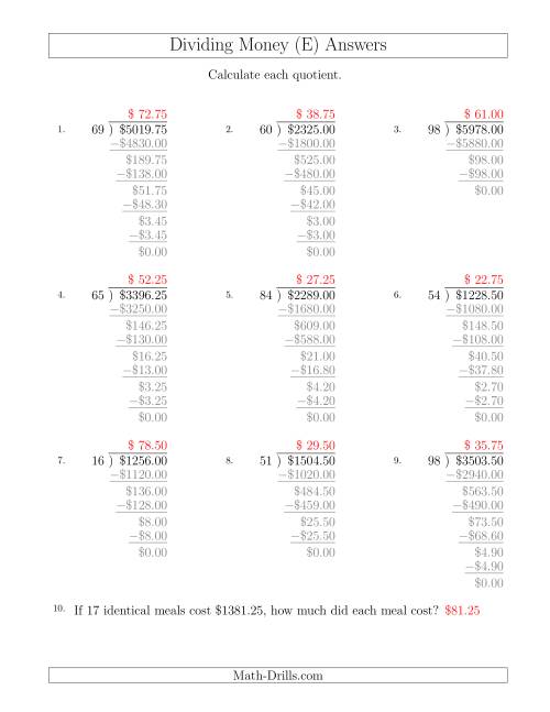 The Dividing Dollar Amounts in Increments of 25 Cents by Two-Digit Divisors (E) Math Worksheet Page 2