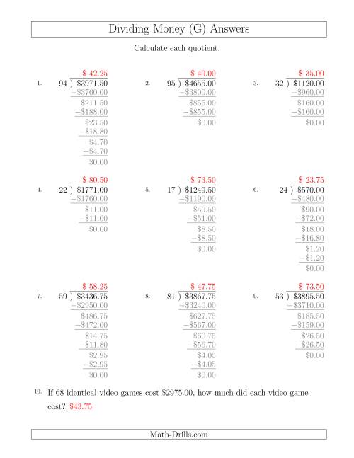 The Dividing Dollar Amounts in Increments of 25 Cents by Two-Digit Divisors (G) Math Worksheet Page 2