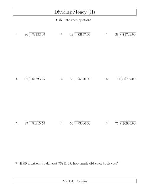 The Dividing Dollar Amounts in Increments of 25 Cents by Two-Digit Divisors (H) Math Worksheet