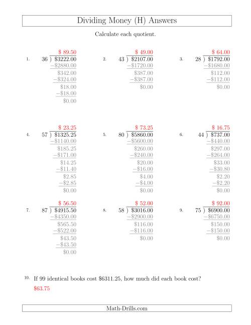 The Dividing Dollar Amounts in Increments of 25 Cents by Two-Digit Divisors (H) Math Worksheet Page 2