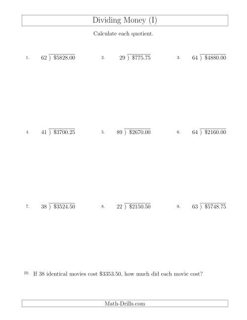 The Dividing Dollar Amounts in Increments of 25 Cents by Two-Digit Divisors (I) Math Worksheet
