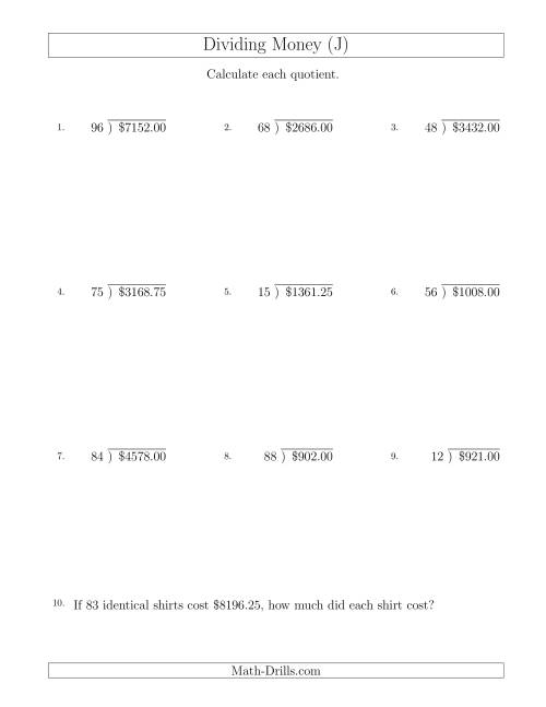 The Dividing Dollar Amounts in Increments of 25 Cents by Two-Digit Divisors (J) Math Worksheet