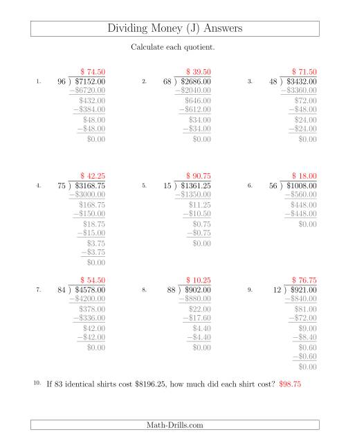 The Dividing Dollar Amounts in Increments of 25 Cents by Two-Digit Divisors (J) Math Worksheet Page 2