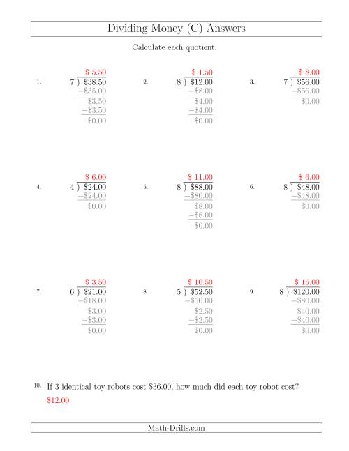The Dividing Dollar Amounts in Increments of 50 Cents by One-Digit Divisors (C) Math Worksheet Page 2