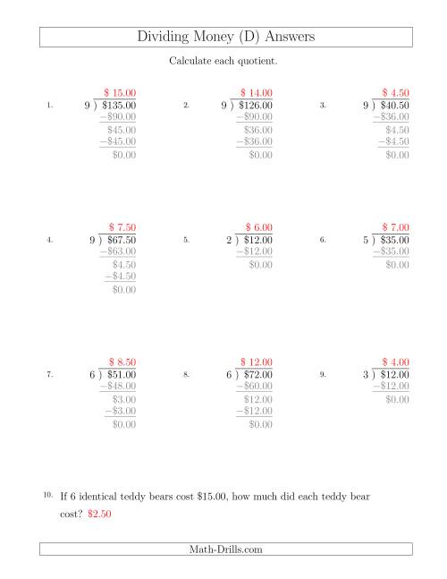 The Dividing Dollar Amounts in Increments of 50 Cents by One-Digit Divisors (D) Math Worksheet Page 2