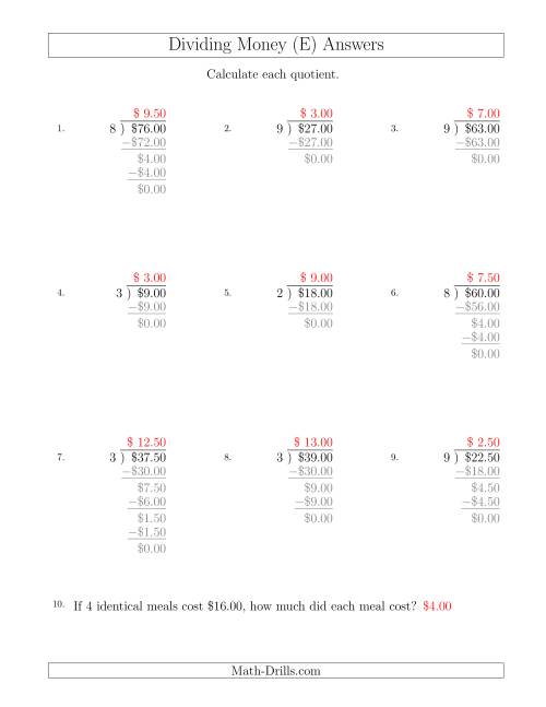 The Dividing Dollar Amounts in Increments of 50 Cents by One-Digit Divisors (E) Math Worksheet Page 2