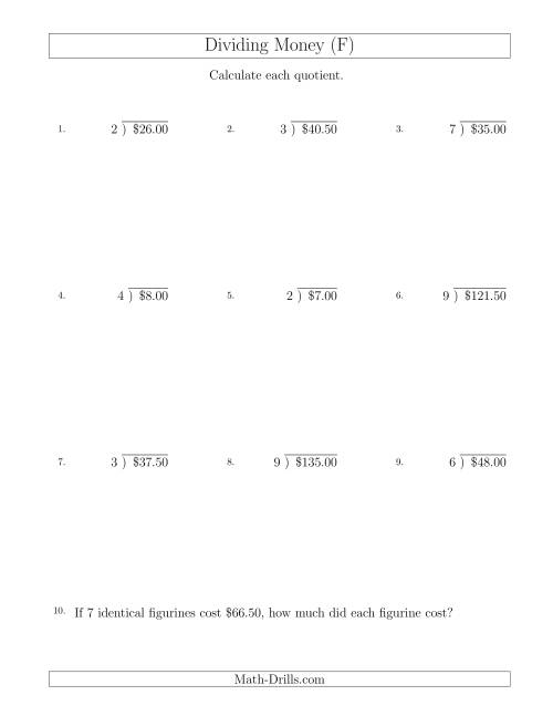 The Dividing Dollar Amounts in Increments of 50 Cents by One-Digit Divisors (F) Math Worksheet