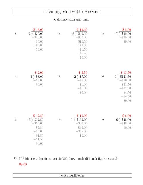 The Dividing Dollar Amounts in Increments of 50 Cents by One-Digit Divisors (F) Math Worksheet Page 2