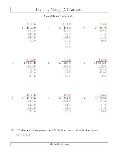 The Dividing Dollar Amounts in Increments of 50 Cents by One-Digit Divisors (G) Math Worksheet Page 2