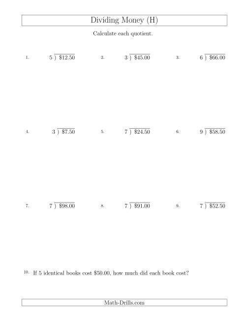 The Dividing Dollar Amounts in Increments of 50 Cents by One-Digit Divisors (H) Math Worksheet