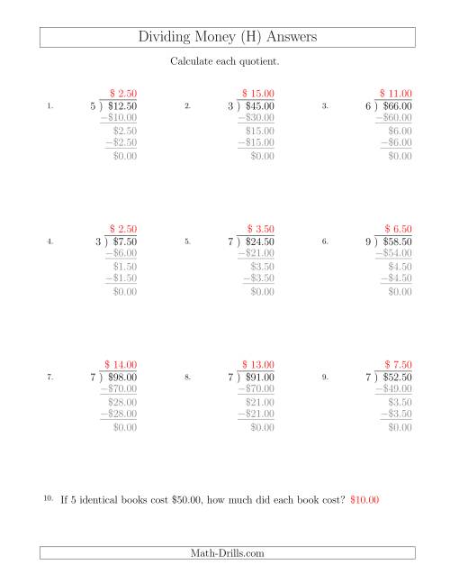 The Dividing Dollar Amounts in Increments of 50 Cents by One-Digit Divisors (H) Math Worksheet Page 2