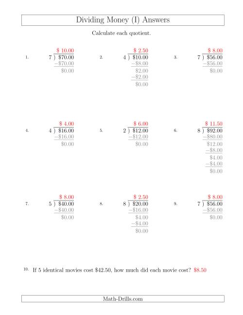 The Dividing Dollar Amounts in Increments of 50 Cents by One-Digit Divisors (I) Math Worksheet Page 2