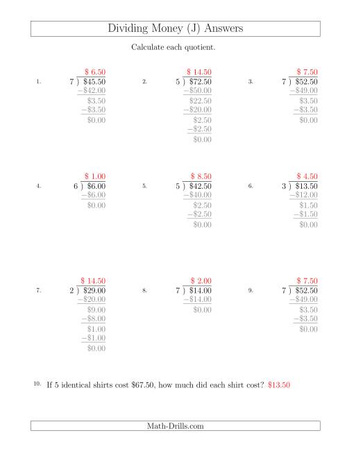 The Dividing Dollar Amounts in Increments of 50 Cents by One-Digit Divisors (J) Math Worksheet Page 2
