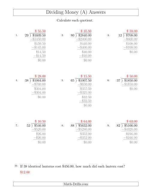 The Dividing Dollar Amounts in Increments of 50 Cents by Two-Digit Divisors (A) Math Worksheet Page 2