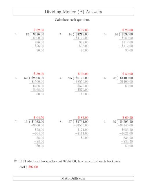 The Dividing Dollar Amounts in Increments of 50 Cents by Two-Digit Divisors (B) Math Worksheet Page 2