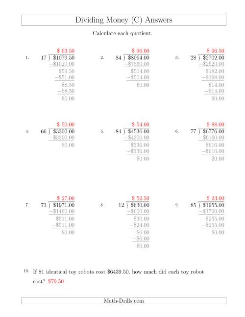 The Dividing Dollar Amounts in Increments of 50 Cents by Two-Digit Divisors (C) Math Worksheet Page 2