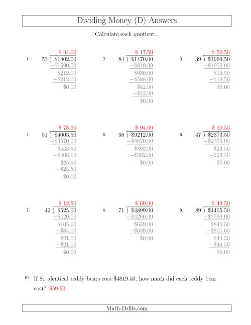 The Dividing Dollar Amounts in Increments of 50 Cents by Two-Digit Divisors (D) Math Worksheet Page 2