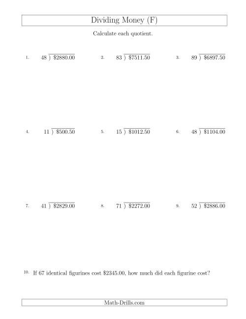 The Dividing Dollar Amounts in Increments of 50 Cents by Two-Digit Divisors (F) Math Worksheet