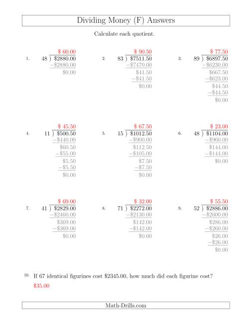 The Dividing Dollar Amounts in Increments of 50 Cents by Two-Digit Divisors (F) Math Worksheet Page 2