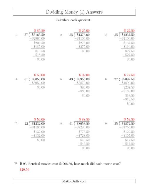 The Dividing Dollar Amounts in Increments of 50 Cents by Two-Digit Divisors (I) Math Worksheet Page 2