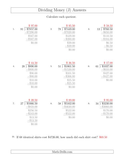 The Dividing Dollar Amounts in Increments of 50 Cents by Two-Digit Divisors (J) Math Worksheet Page 2