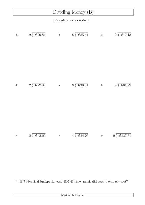 The Dividing Euro Amounts by One-Digit Divisors (B) Math Worksheet