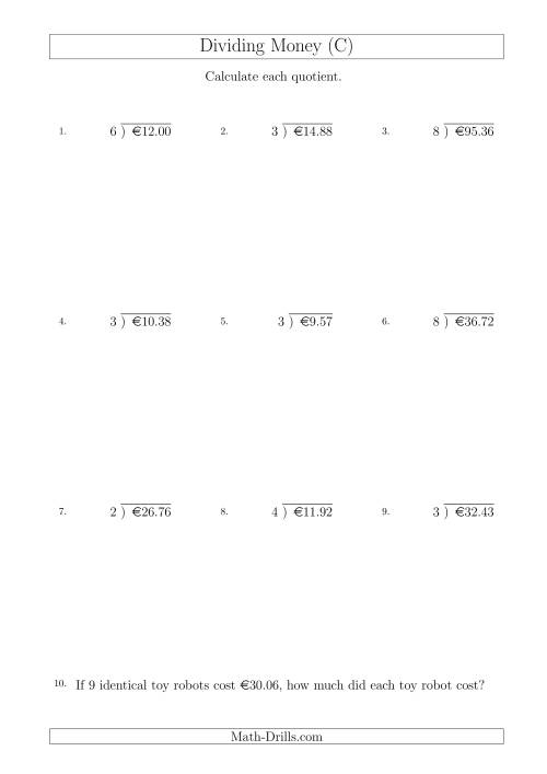 The Dividing Euro Amounts by One-Digit Divisors (C) Math Worksheet