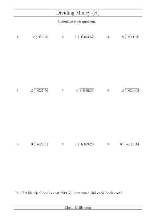 The Dividing Euro Amounts by One-Digit Divisors (H) Math Worksheet