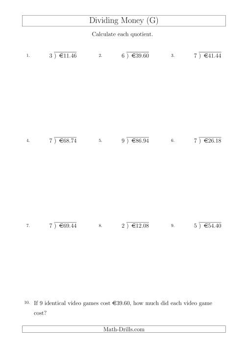The Dividing Euro Amounts in Increments of 2 Cents by One-Digit Divisors (G) Math Worksheet