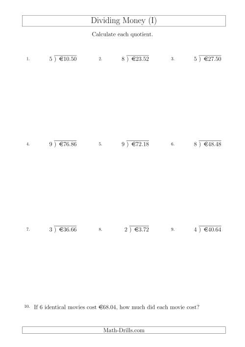 The Dividing Euro Amounts in Increments of 2 Cents by One-Digit Divisors (I) Math Worksheet