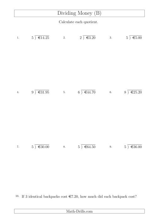 The Dividing Euro Amounts in Increments of 5 Cents by One-Digit Divisors (B) Math Worksheet