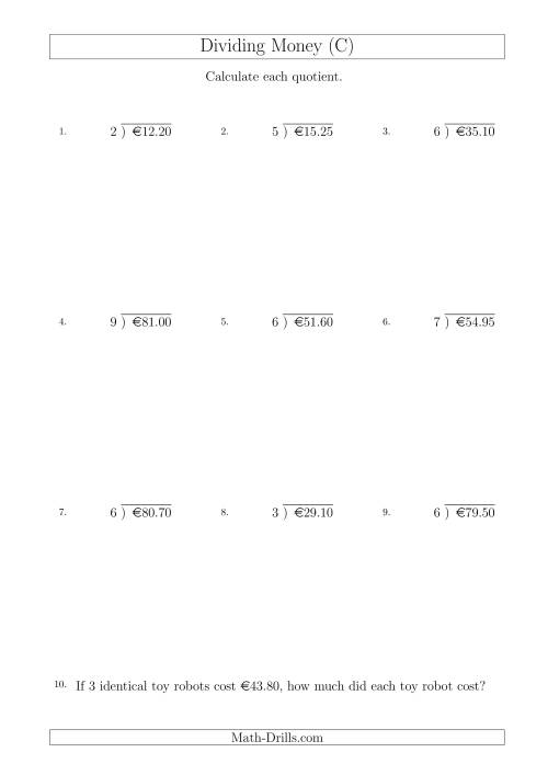 The Dividing Euro Amounts in Increments of 5 Cents by One-Digit Divisors (C) Math Worksheet